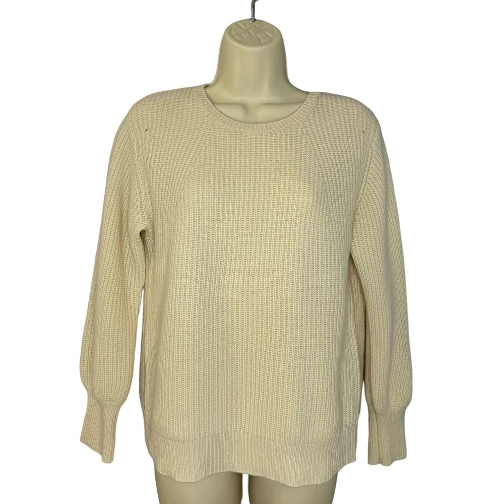 Saks Fifth Avenue Puff-Sleeve Cashmere Ribbed Sweater Relaxed Fit Cream Small